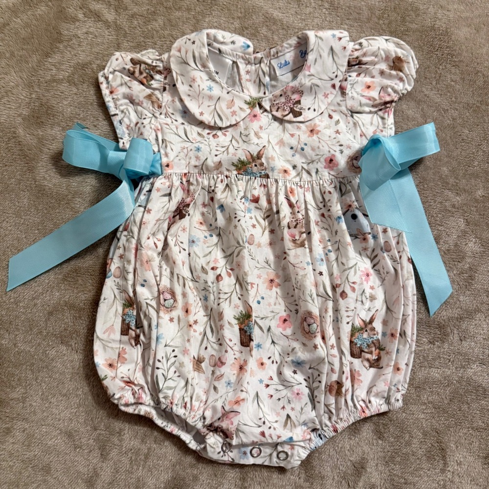 Lulu Bebe Easter Bunny Floral Bubble Romper Blue Bows 3M Cotton